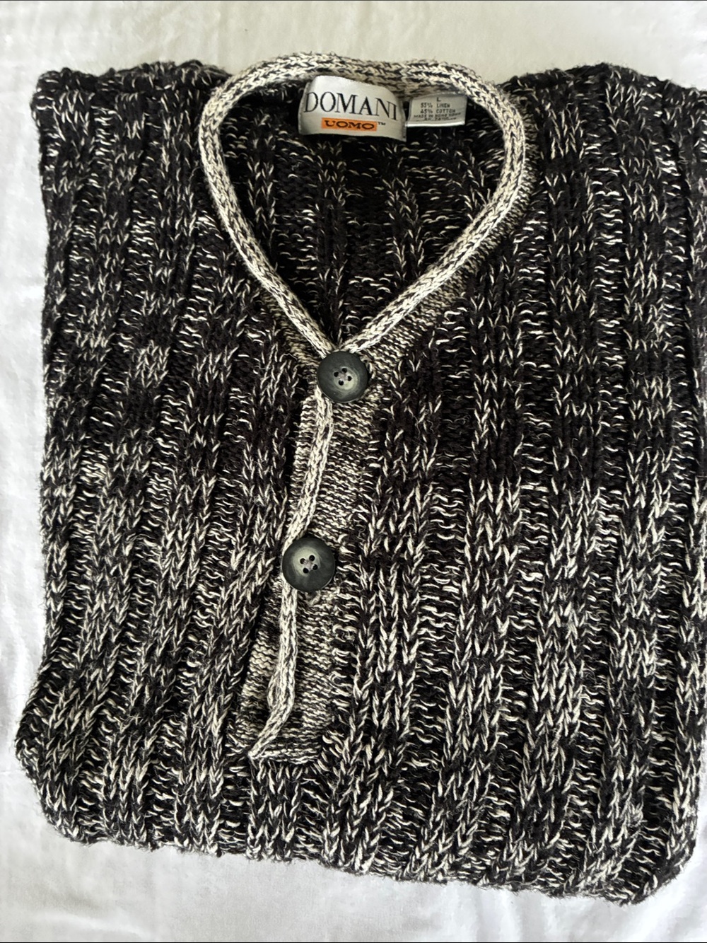 Vintage Black and White Marled Cable-Knit Men's Cardigan